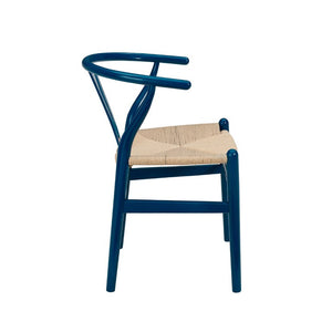EuroStyle Evelina Beechwood Dining Chair with Handwoven Rush Seat Mid-Century Modern Style Midnight Blue/Natural 08157MBLU
