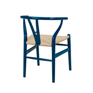 EuroStyle Evelina Beechwood Dining Chair with Handwoven Rush Seat Mid-Century Modern Style Midnight Blue/Natural 08157MBLU
