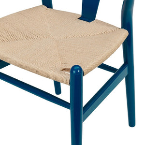 EuroStyle Evelina Beechwood Dining Chair with Handwoven Rush Seat Mid-Century Modern Style Midnight Blue/Natural 08157MBLU