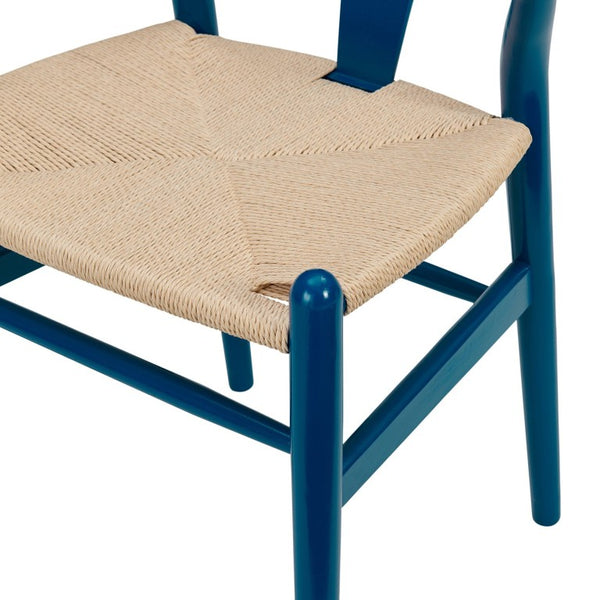 EuroStyle Evelina Beechwood Dining Chair with Handwoven Rush Seat Mid-Century Modern Style Midnight Blue/Natural 08157MBLU