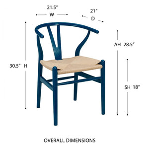 EuroStyle Evelina Beechwood Dining Chair with Handwoven Rush Seat Mid-Century Modern Style Midnight Blue/Natural 08157MBLU
