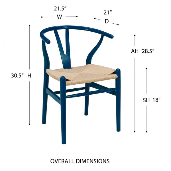 EuroStyle Evelina Beechwood Dining Chair with Handwoven Rush Seat Mid-Century Modern Style Midnight Blue/Natural 08157MBLU