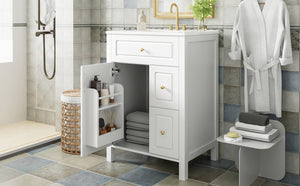 English Elm 24-Inch Bathroom Vanity with Ceramic Sink, Soft-Close Door & Drawers, Gold Handles, Durable Wood Elegance White N729P192078K