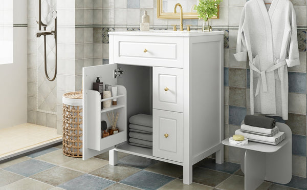 English Elm 24-Inch Bathroom Vanity with Ceramic Sink, Soft-Close Door & Drawers, Gold Handles, Durable Wood Elegance White N729P192078K
