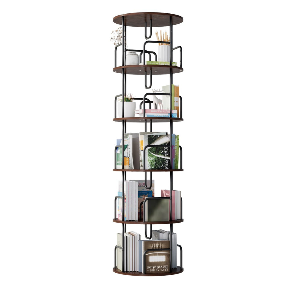 English Elm Rotating 5 Tier Spinning Bookcase Tower Slim 360 Degree Turntable Metal Frame Organizer Walnut Brown W3166P367347