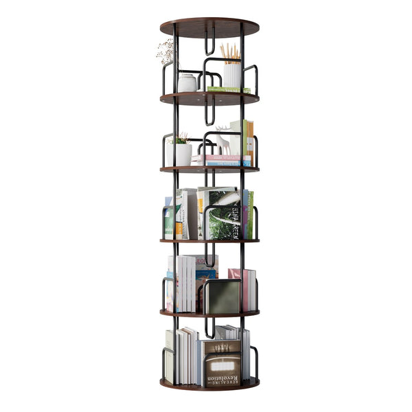 English Elm Rotating 5 Tier Spinning Bookcase Tower Slim 360 Degree Turntable Metal Frame Organizer Walnut Brown W3166P367347