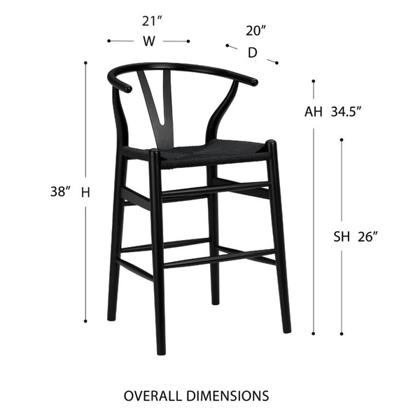 EuroStyle Evelina Handwoven Rush Seat Barstool Solid Beechwood Frame for Kitchen Islands Black/Black 08161BLK