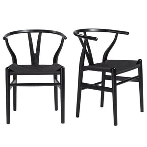 EuroStyle Evelina Beechwood Dining Chair with Handwoven Rush Seat Mid-Century Modern Style Black/Black 08162BLK
