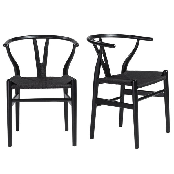 EuroStyle Evelina Beechwood Dining Chair with Handwoven Rush Seat Mid-Century Modern Style Black/Black 08162BLK