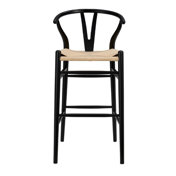 EuroStyle Evelina Beechwood Bar Stool with Handwoven Rush Seat for Kitchen Island or Home Bar Black/Natural 08165BLK