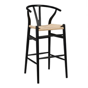 EuroStyle Evelina Beechwood Bar Stool with Handwoven Rush Seat for Kitchen Island or Home Bar Black/Natural 08165BLK