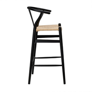 EuroStyle Evelina Beechwood Bar Stool with Handwoven Rush Seat for Kitchen Island or Home Bar Black/Natural 08165BLK