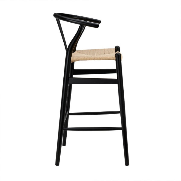 EuroStyle Evelina Beechwood Bar Stool with Handwoven Rush Seat for Kitchen Island or Home Bar Black/Natural 08165BLK