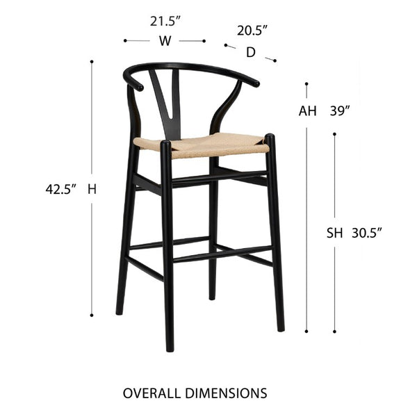 EuroStyle Evelina Beechwood Bar Stool with Handwoven Rush Seat for Kitchen Island or Home Bar Black/Natural 08165BLK