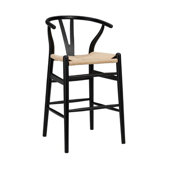 EuroStyle Evelina Handwoven Rush Seat Barstool Solid Beechwood Frame for Kitchen Islands Black/Natural 08169BLK