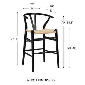 EuroStyle Evelina Handwoven Rush Seat Barstool Solid Beechwood Frame for Kitchen Islands Black/Natural 08169BLK