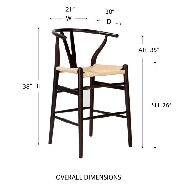 EuroStyle Evelina Handwoven Rush Seat Barstool Solid Beechwood Frame for Kitchen Islands Walnut/Natural 08169WAL