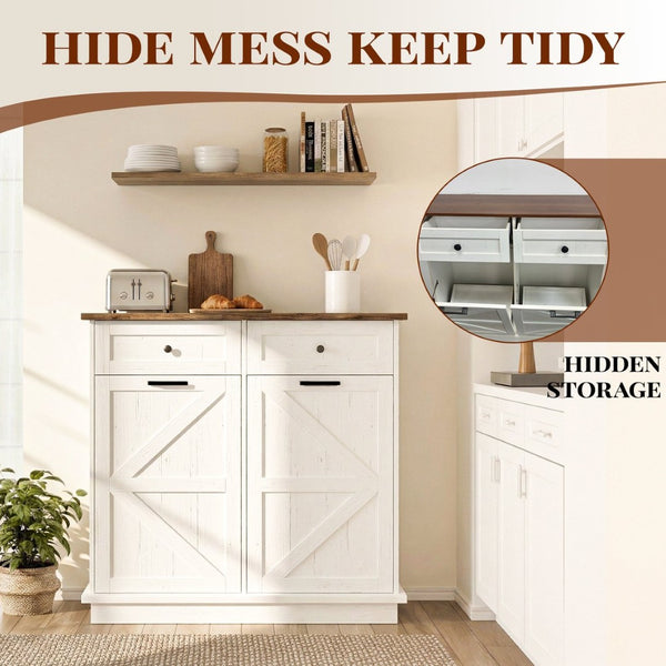 English Elm Double Tilt Out Trash Bin Cabinet with Drawers Odor Blocking Kitchen Laundry Storage Brown+Distressed White T5831P489225