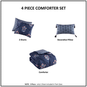 JLA Home Madison Park - 4 Pintuck Comforter Set Navy Floral Embroidered Throw Pillow Hypoallergenic Dust‑Resistant Cozy 92 L x 104 W x 1.5H MP10-8411