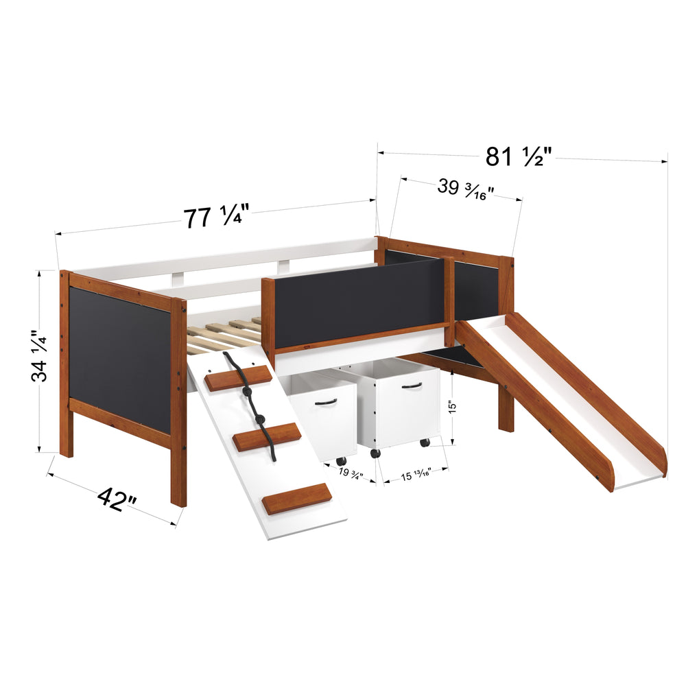 English Elm Aurea Cherry Oak & White Twin Loft Bed with Slide, Built-In Chalkboards, Storage Toy Boxes, Ladder B2726S00077