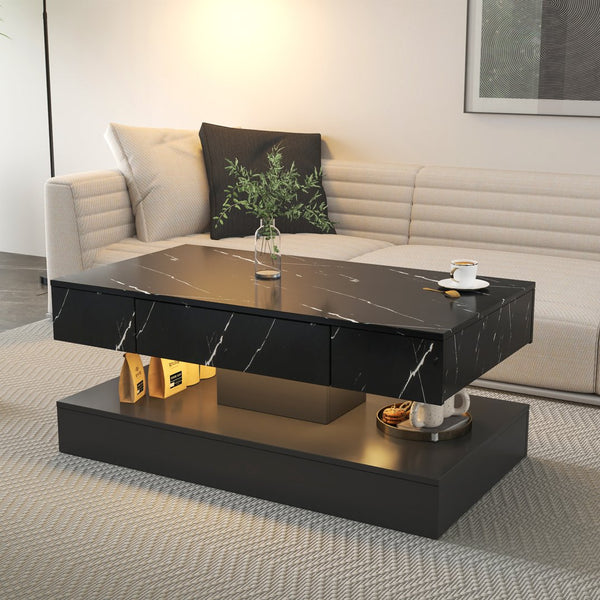 English Elm 16.93IN LED Coffee Table with Remote RGB Lighting, Spacious Drawer, Melamine Finish, Modern Elegance Black W331P269986