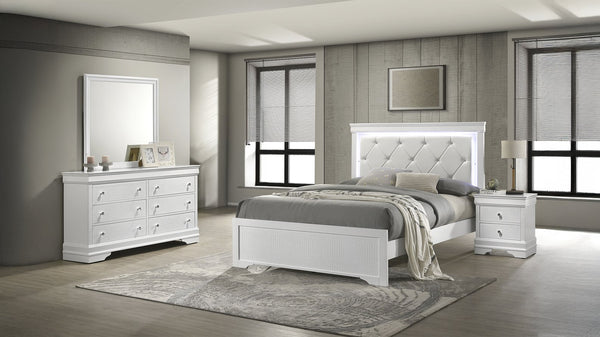 English Elm Blaze Upholstered 4-Piece Full Bedroom Set With Led Headboard, White Wood Finish, And Modern Elegance B009S01479