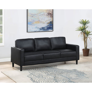 English Elm Farallone Faux Leather Track Arm Sofa with Tapered Legs, Sleek Modern Profile and Smooth Cushions for Compact Living Spaces Black B062P354049