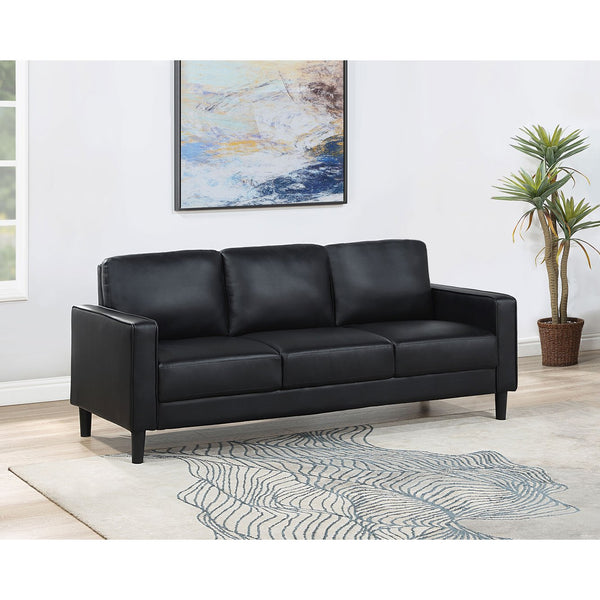 English Elm Farallone Faux Leather Track Arm Sofa with Tapered Legs, Sleek Modern Profile and Smooth Cushions for Compact Living Spaces Black B062P354049