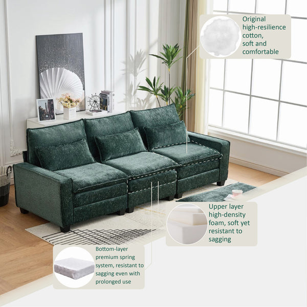 English Elm 99'' Sectional Cloud Deep Seat Couch - Plush Chenille 4-Seat L-Shaped Sofa with Movable Ottoman, Stain-Resistant Comfort and Ergonomic Lumbar Support Green W3373S00025