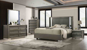 English Elm Glam Nightstand with Led Accent Lighting Faux Crystal Trim and Acrylic Pulls Gray B2741P435899