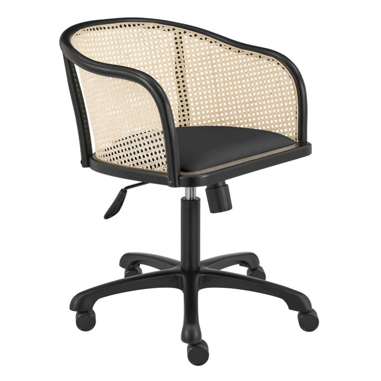 EuroStyle Elsy Scandinavian Velvet Seat Task Chair with Woven Cane Back and Swivel Base 08195-BLK