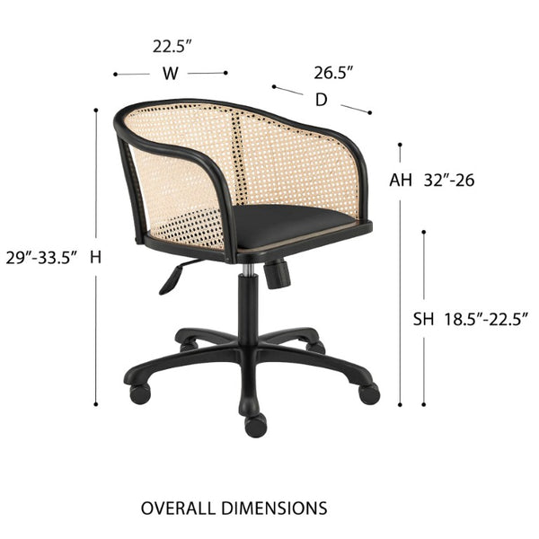 EuroStyle Elsy Scandinavian Velvet Seat Task Chair with Woven Cane Back and Swivel Base 08195-BLK