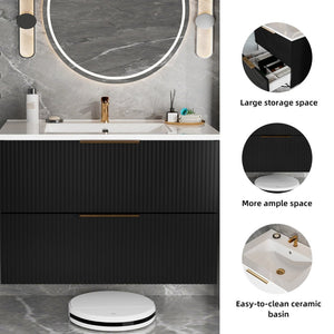 English Elm 090 Floating Bathroom Vanity Cabinet Matte Wall Mounted Soft Close Drawers Modern Black W3520P345975