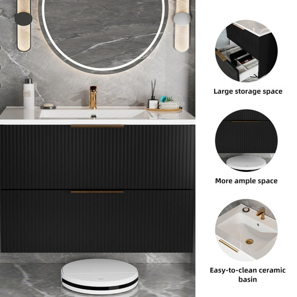 English Elm 090 Floating Bathroom Vanity Cabinet Matte Wall Mounted Soft Close Drawers Modern Black W3520P345975