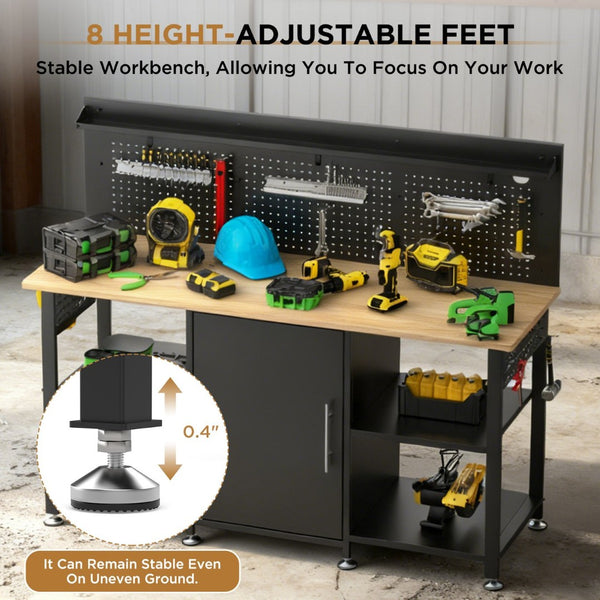 English Elm 60 Inch Garage Workbench Solid Wood Top Steel Frame with Cabinet Pegboard and Power Outlet W3190P410167