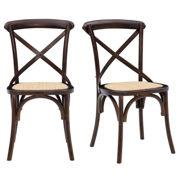 EuroStyle Neyo Solid Birch Dining Side Chairs with Padded Rattan Seats Walnut Set of 2 08198WAL