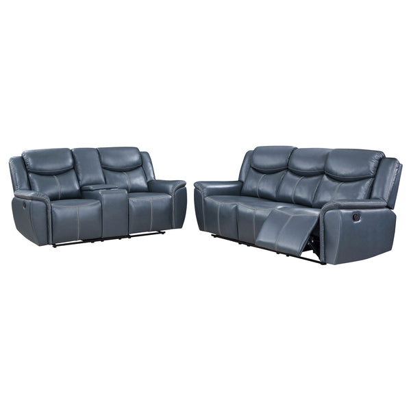 English Elm Stanwicke Blue 2-Piece Reclining Sofa Set with Loveseat Console, Faux Leather, Contrast Stitching, Pillowtop Arms for Ultimate Comfort B062S01275