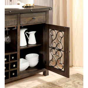 English Elm Rustic Walnut Solid Wood Dining Server with Wine Rack and Ornate Scroll Metalwork B2741P456486