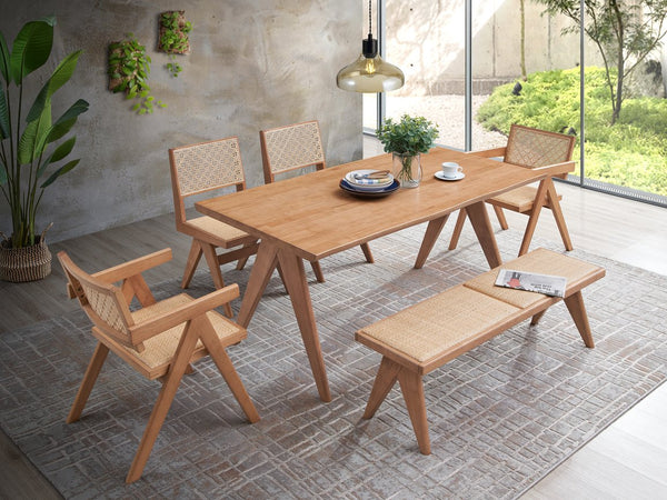 English Elm Valentina Outdoor 6-Piece Woven Patio Dining Set with Light Walnut Finish, Durable Entertaining Table Natural,Rattan 42.6 L x 26.9 W x 8.1 H B2726S00233