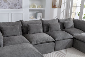 English Elm 129.8" Wide Modular Cloud Sectional Cotton Linen Sofa with Deep Foam Seats and Ottomans Antique Grey W2530S00015