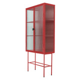 English Elm Retro Style Red Tall Freestanding Display Cupboard Stylish Fluted Glass Storage Cabinet With Glass Doors Three Detachable Shelves Bottom Space For Office Dining Room Living Room (Old Sku:W68751710)