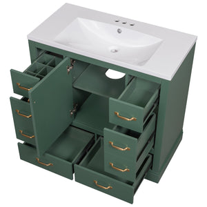 English Elm 36" Modern Bathroom Vanity with Ceramic Sink, Six Drawers, Adjustable Shelf, Solid Wood Build Green SY999808AAF-6