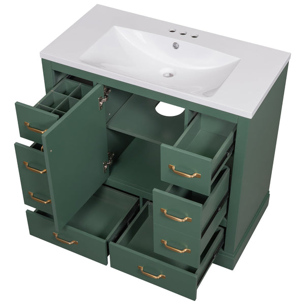 English Elm 36" Modern Bathroom Vanity with Ceramic Sink, Six Drawers, Adjustable Shelf, Solid Wood Build Green SY999808AAF-6