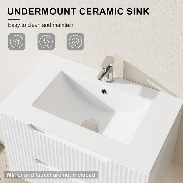 English Elm Goodyo 30 Inch Wall Mounted Bathroom Vanity with Ceramic Sink, Soft-Close Drawers & Spacious Storage White W1223S00035