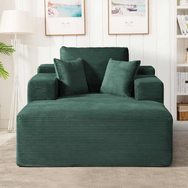 English Elm Convertible Chaise Lounge Striped Corduroy Foam Sleeper Chair for Living Room Dark Green B2735P383859