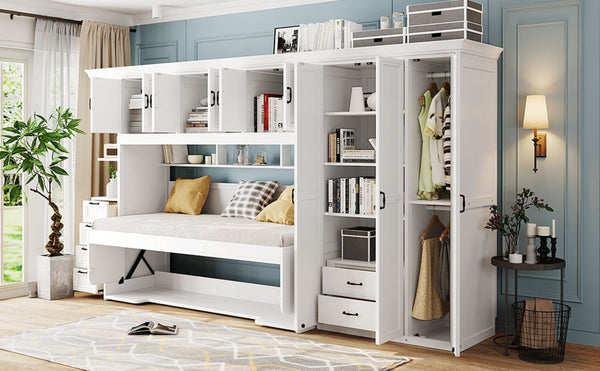 English Elm Twin Murphy Wall Bed with Integrated Desk Wardrobe and Storage Cabinet in White LP000767AAK