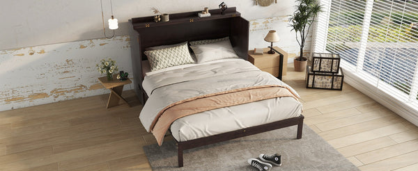 English Elm Queen Size Murphy Bed – Elegant Pine Wood Cabinet With Power Station & Rattan Accents, Espresso Finish W504S00235-GIGA