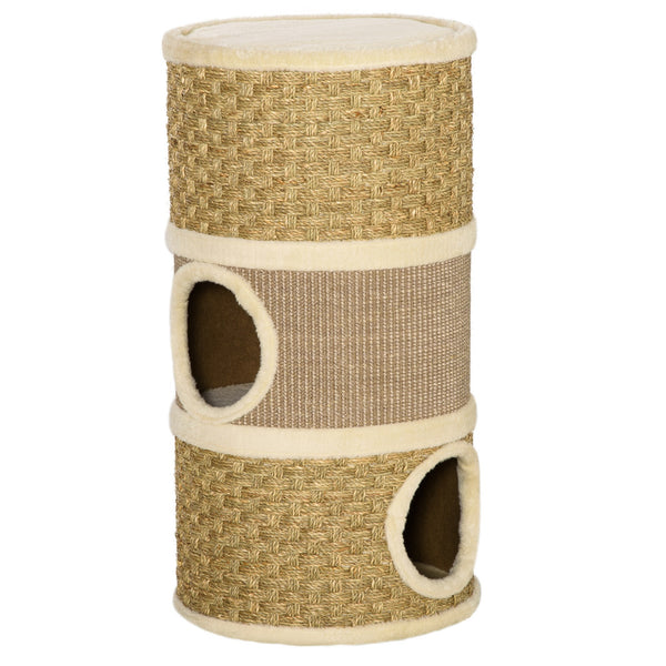 English Elm PawHut 3-Story Cat Condo Barrel House with Sisal Scratcher, Plush Lined Hideaway for Indoor Cats W2225P229193