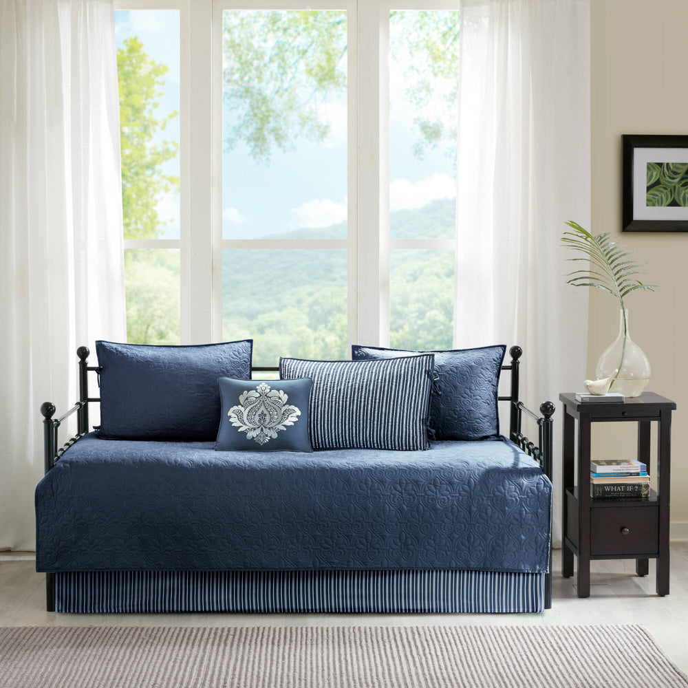 JLA Home Madison Park - 6 Reversible Daybed Cover Set with Antimicrobial Protection, Quilted Texture, Striped Skirt & Pillow Navy MP13-4971