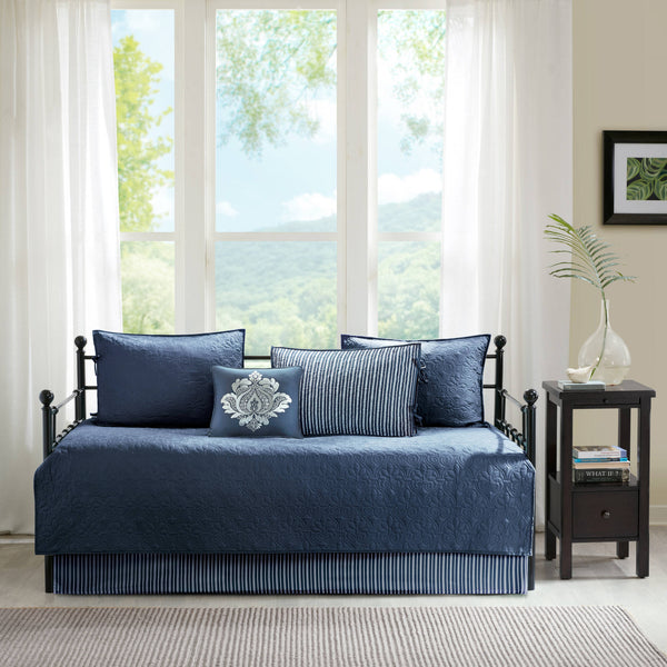 JLA Home Madison Park - 6 Reversible Daybed Cover Set with Antimicrobial Protection, Quilted Texture, Striped Skirt & Pillow Navy MP13-4971